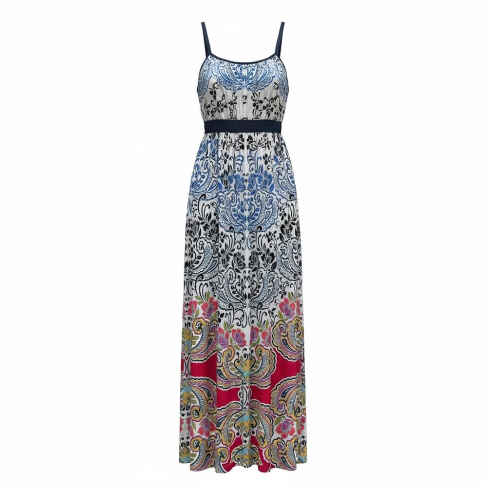 Linea Donatella Stretchy Sleeveless Maxi Dress White & Navy Paisley